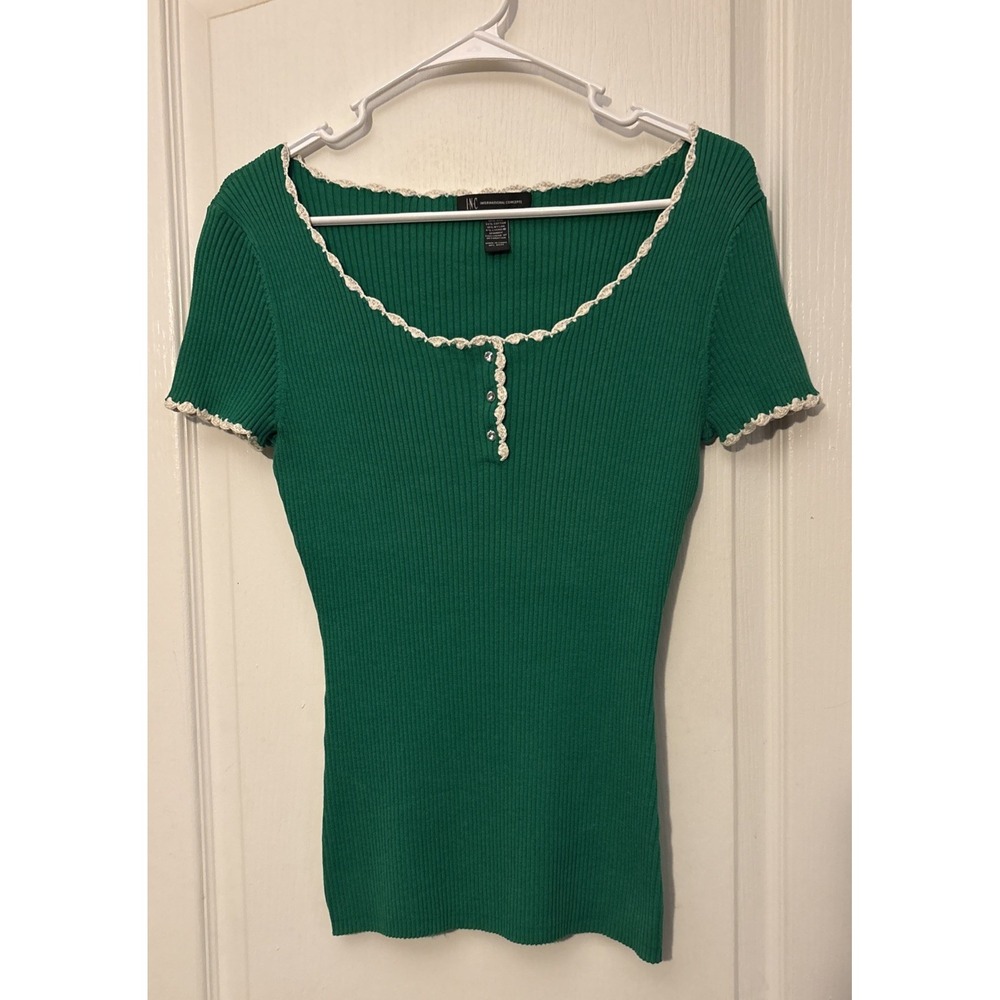 INC International Concepts Green Short Sleeve Scoop Neck Fitted Shirt Size L